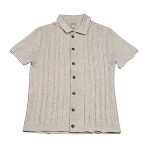 J Crew Short Sleeve Polo Sweater Mens Small Beige Cotton Cable Knit Retro Preppy